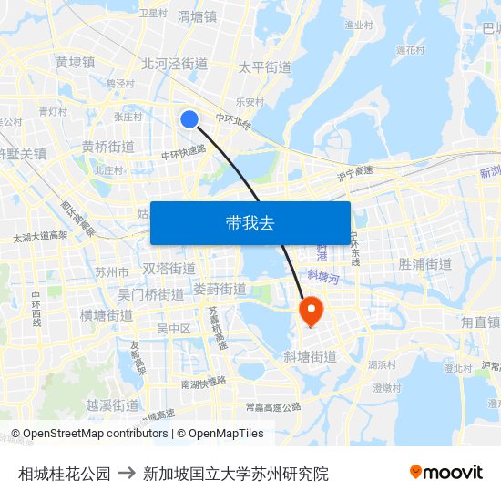 相城桂花公园 to 新加坡国立大学苏州研究院 map