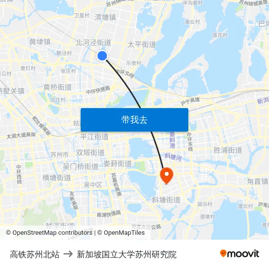 高铁苏州北站 to 新加坡国立大学苏州研究院 map