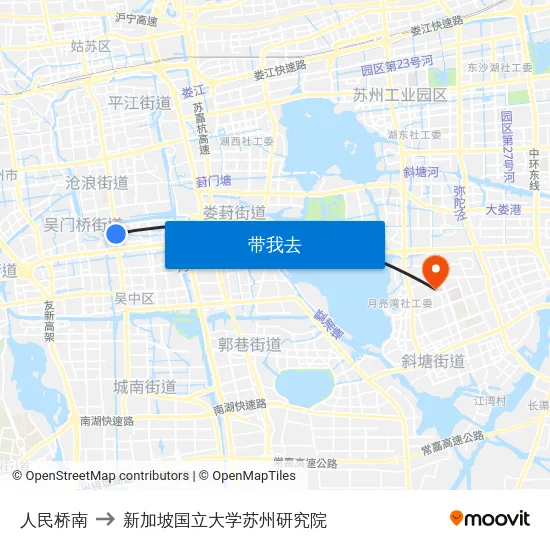 人民桥南 to 新加坡国立大学苏州研究院 map