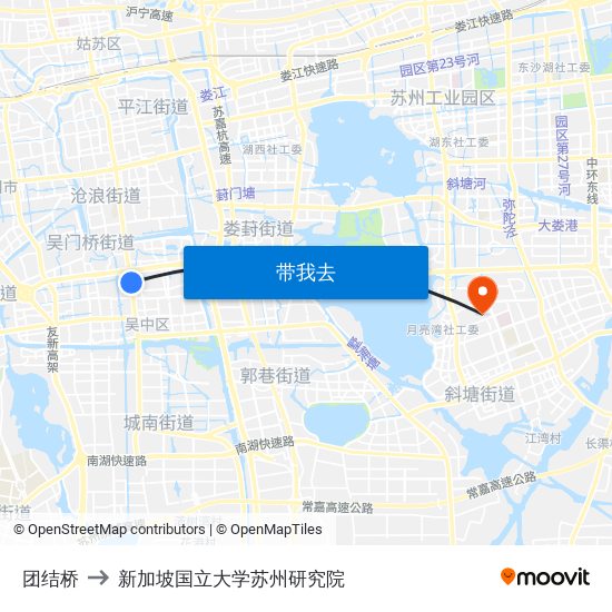 团结桥 to 新加坡国立大学苏州研究院 map