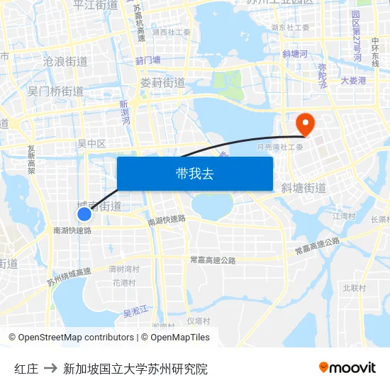 红庄 to 新加坡国立大学苏州研究院 map