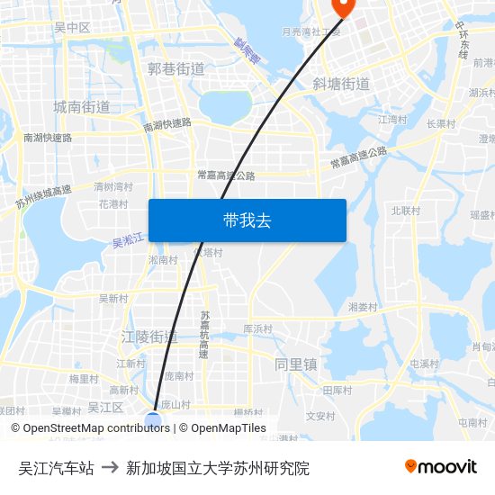 吴江汽车站 to 新加坡国立大学苏州研究院 map