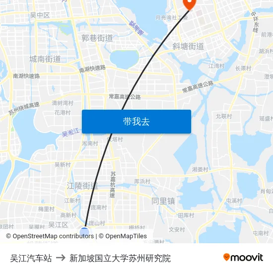 吴江汽车站 to 新加坡国立大学苏州研究院 map