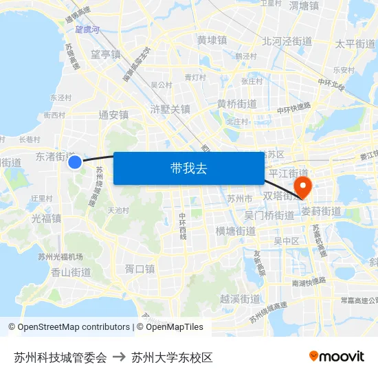 苏州科技城管委会 to 苏州大学东校区 map