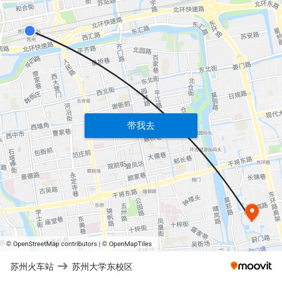 苏州火车站 to 苏州大学东校区 map