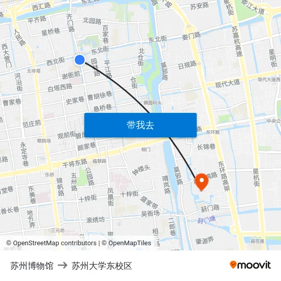 苏州博物馆 to 苏州大学东校区 map