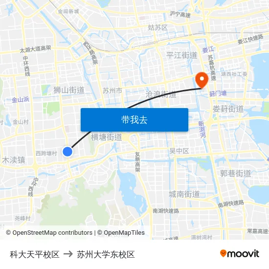 科大天平校区 to 苏州大学东校区 map