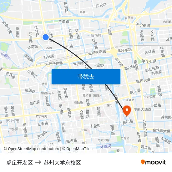 虎丘开发区 to 苏州大学东校区 map