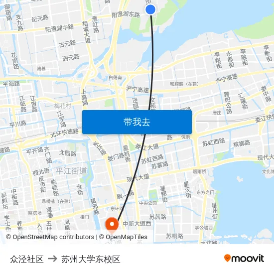 众泾社区 to 苏州大学东校区 map