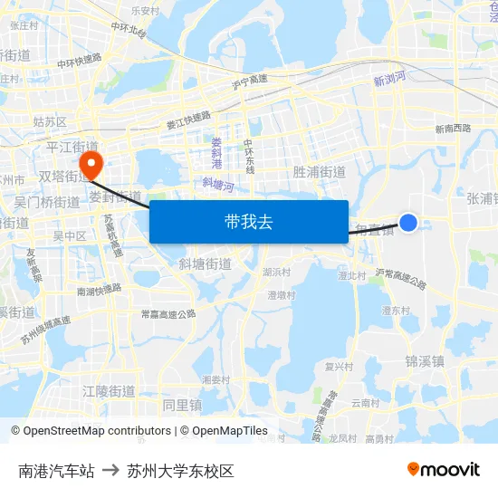 南港汽车站 to 苏州大学东校区 map