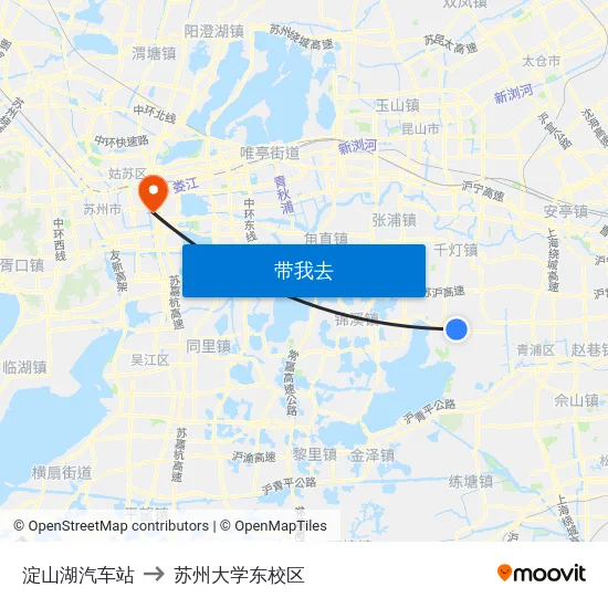 淀山湖汽车站 to 苏州大学东校区 map