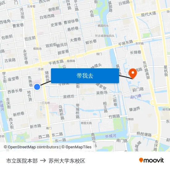 市立医院本部 to 苏州大学东校区 map