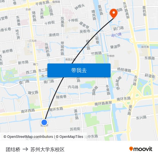 团结桥 to 苏州大学东校区 map