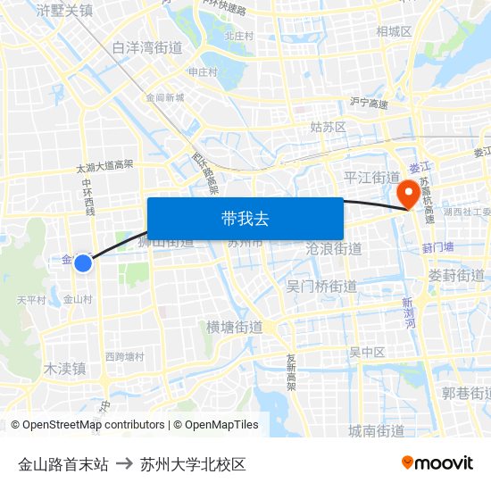 金山路首末站 to 苏州大学北校区 map