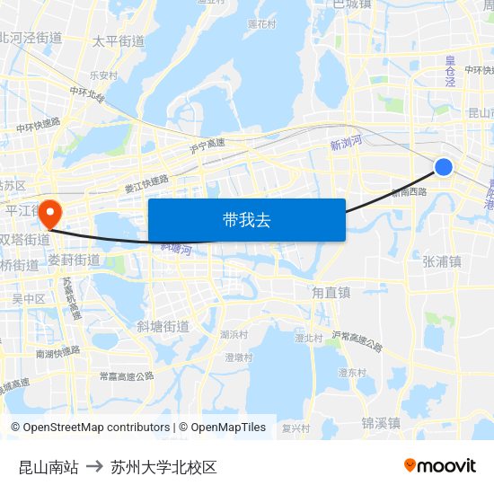 昆山南站 to 苏州大学北校区 map
