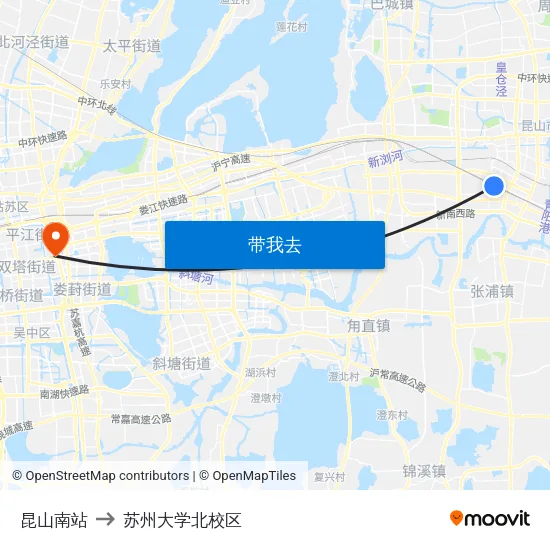 昆山南站 to 苏州大学北校区 map