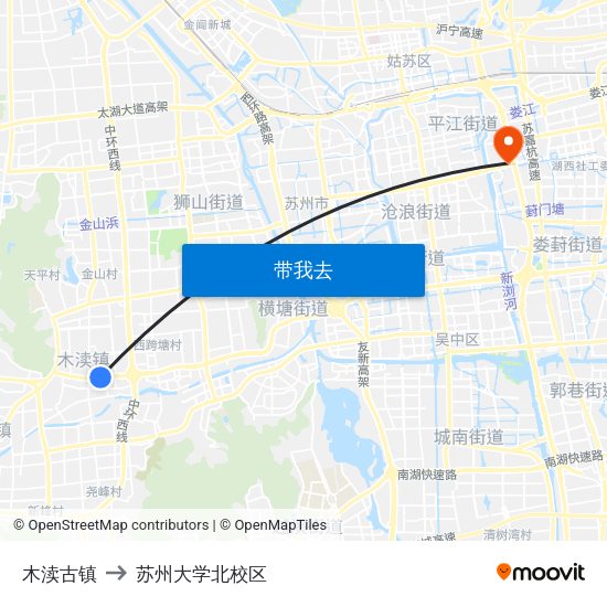 木渎古镇 to 苏州大学北校区 map