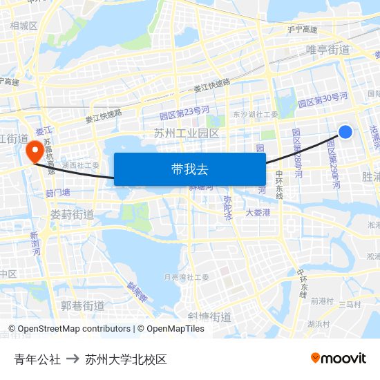 青年公社 to 苏州大学北校区 map