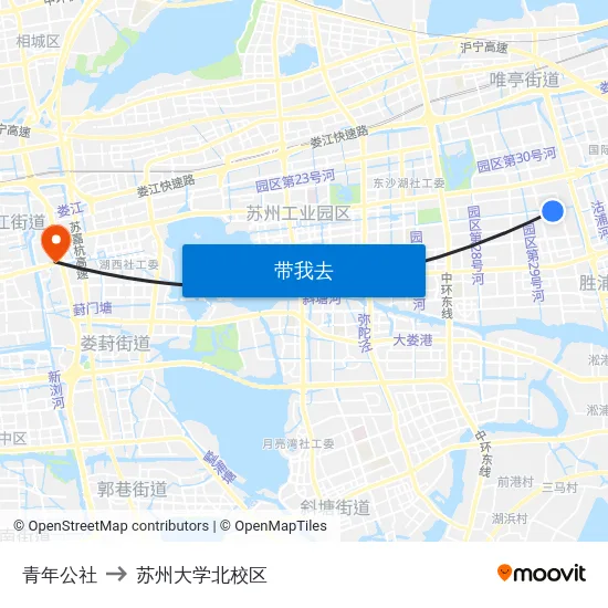 青年公社 to 苏州大学北校区 map