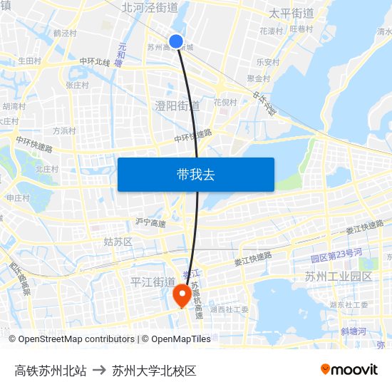 高铁苏州北站 to 苏州大学北校区 map