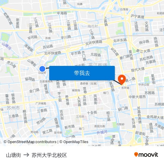 山塘街 to 苏州大学北校区 map