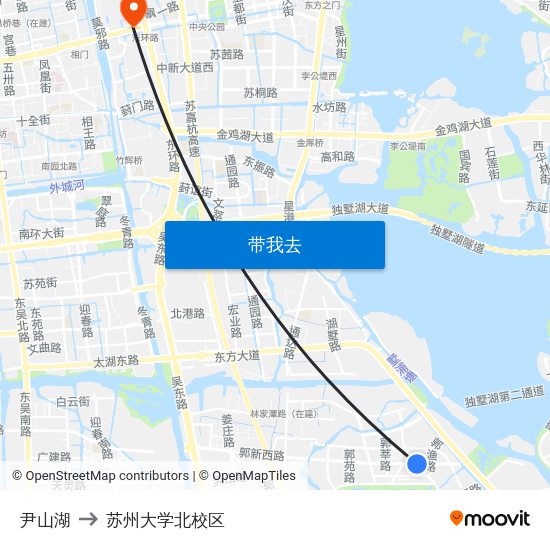 尹山湖 to 苏州大学北校区 map