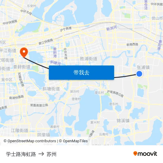 学士路海虹路 to 苏州 map