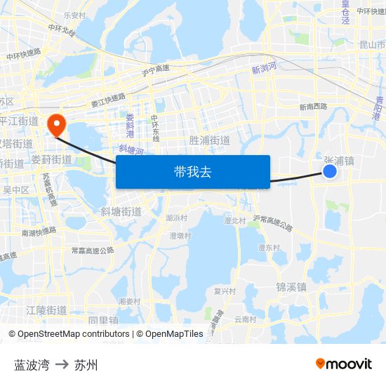 蓝波湾 to 苏州 map