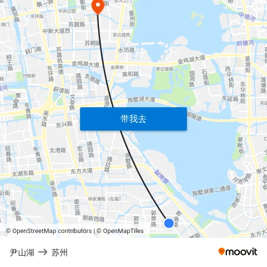 尹山湖 to 苏州 map