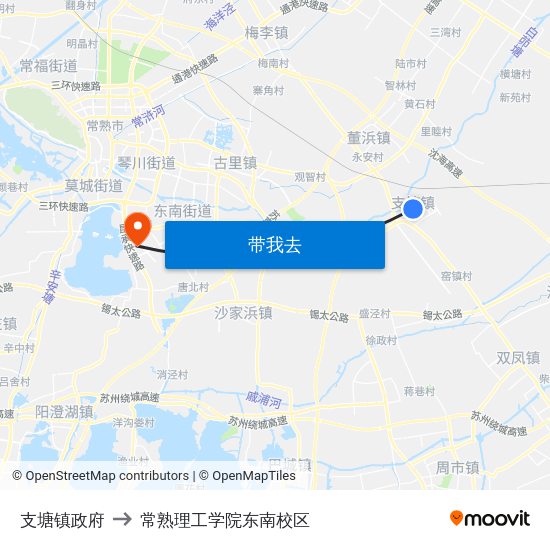 支塘镇政府 to 常熟理工学院东南校区 map