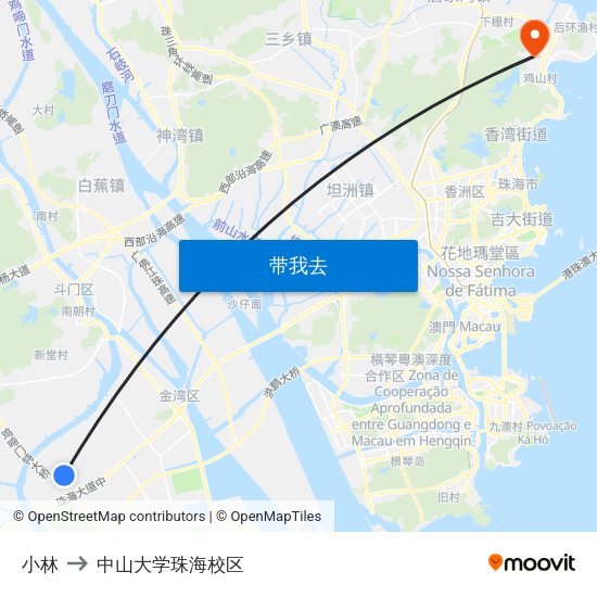 小林 to 中山大学珠海校区 map