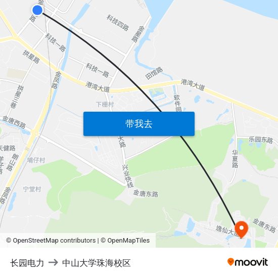 长园电力 to 中山大学珠海校区 map