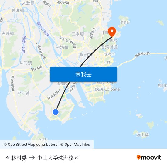 鱼林村委 to 中山大学珠海校区 map