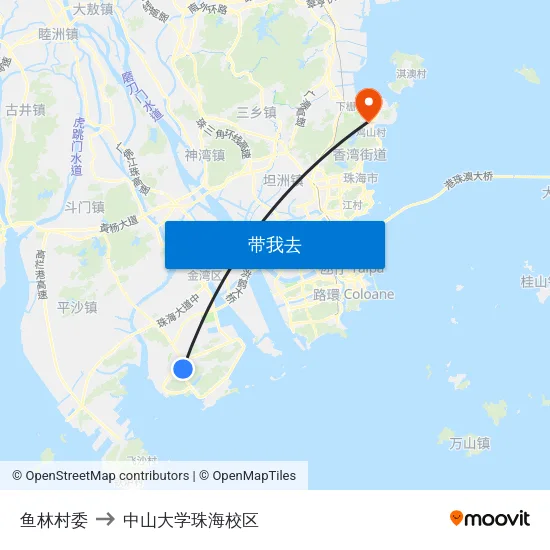 鱼林村委 to 中山大学珠海校区 map