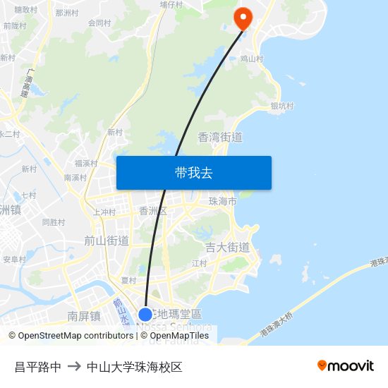 昌平路中 to 中山大学珠海校区 map