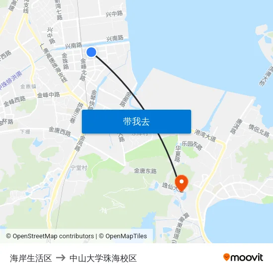 海岸生活区 to 中山大学珠海校区 map