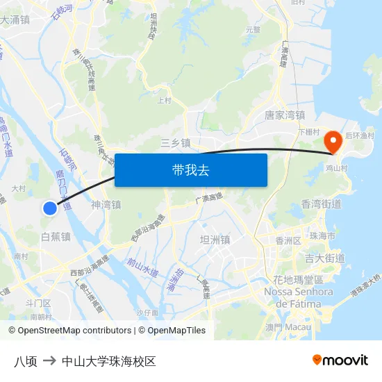 八顷 to 中山大学珠海校区 map