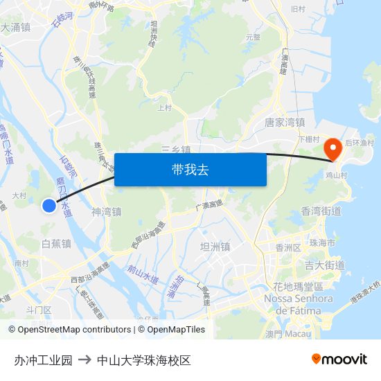 办冲工业园 to 中山大学珠海校区 map