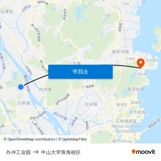办冲工业园 to 中山大学珠海校区 map