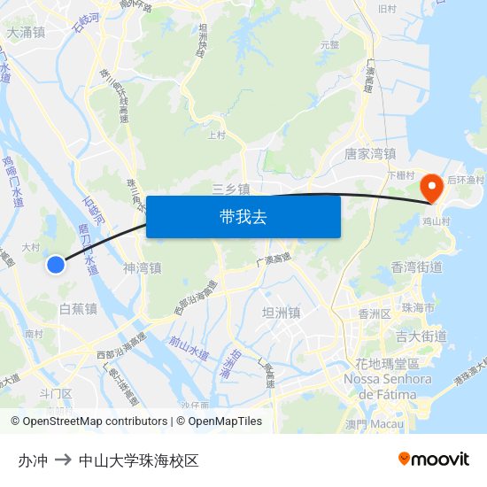 办冲 to 中山大学珠海校区 map