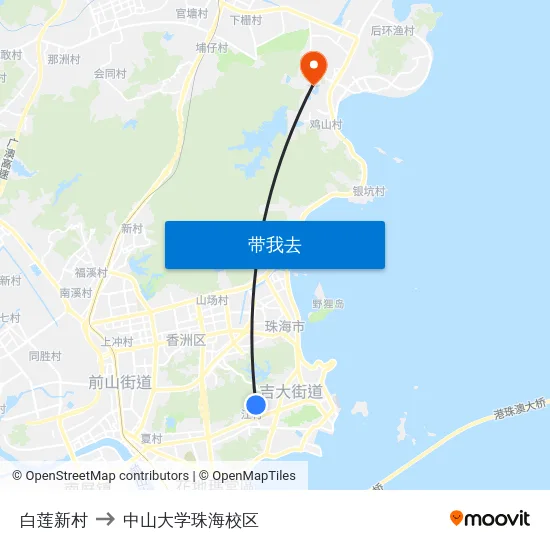 白莲新村 to 中山大学珠海校区 map