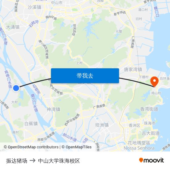 振达猪场 to 中山大学珠海校区 map