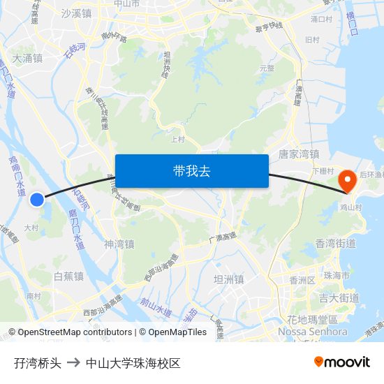 孖湾桥头 to 中山大学珠海校区 map