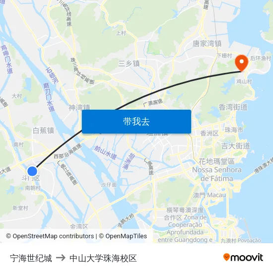 宁海世纪城 to 中山大学珠海校区 map