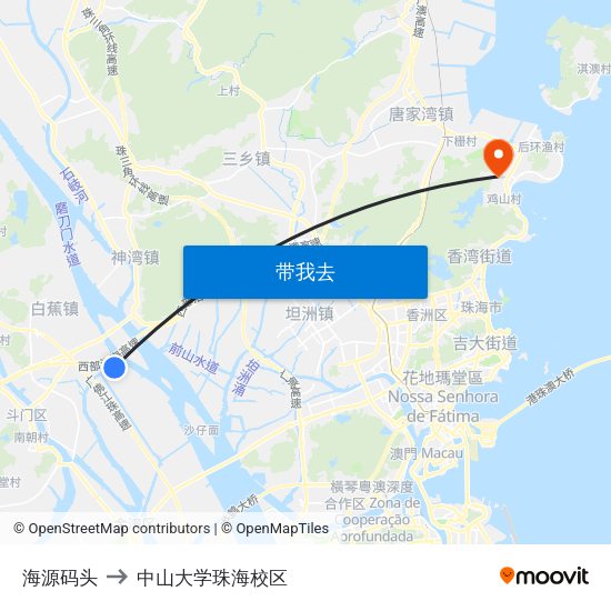 海源码头 to 中山大学珠海校区 map