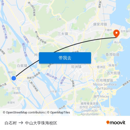 白石村 to 中山大学珠海校区 map