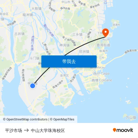 平沙市场 to 中山大学珠海校区 map