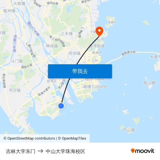吉林大学东门 to 中山大学珠海校区 map