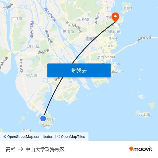 高栏 to 中山大学珠海校区 map
