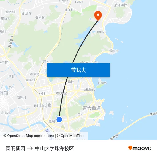 圆明新园 to 中山大学珠海校区 map